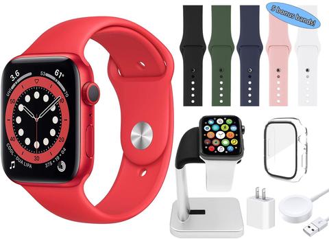 Apple  Watch Series 6 Bundle with Charging Stand | Watch Screen Protector | 2 amp Charger | 5 Additional Bands (Gray | Green | Navy | Red | White) - 32GB - Red - Cellular + GPS - 44mm - Red - Aluminum - Sport Band - Rubber - Acceptable