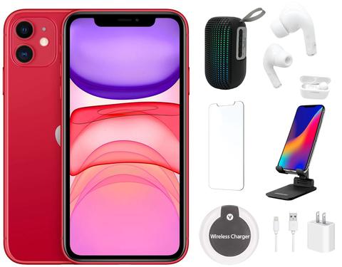 Apple iPhone 11 Bundle with LED Wireless Speaker | Bluetooth Headphones | Screen Protector | Phone Stand | Wireless Charger - 64GB - Red - Good