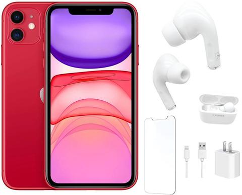 Apple iPhone 11 Bundle with Bluetooth Headphones | Screen Protector | Wall Charger - 64GB - Red - Good