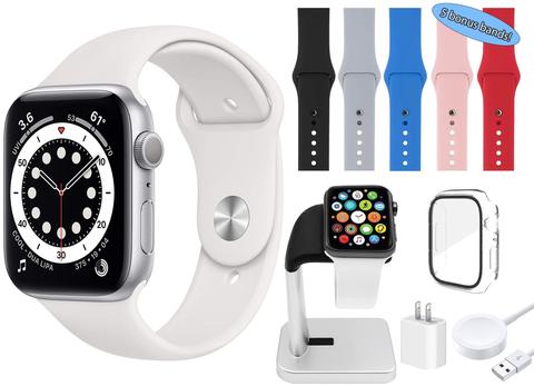 Apple  Watch Series 6 Bundle with Charging Stand | Watch Screen Protector | 2 amp Charger | 5 Additional Bands (Gray | Green | Navy | Red | White) - 32GB - Silver - GPS - 44mm - Silver - Aluminum - Sport Band - Rubber - Acceptable