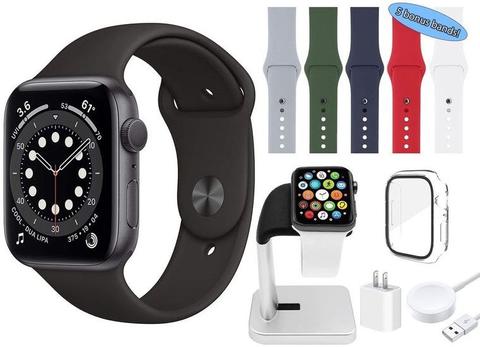 Apple  Watch Series 6 Bundle with Charging Stand | Watch Screen Protector | 2 amp Charger | 5 Additional Bands (Gray | Green | Navy | Red | White) - 32GB - Space Grey - GPS - 40mm - Space Grey - Aluminum - Sport Band - Rubber - Acceptable