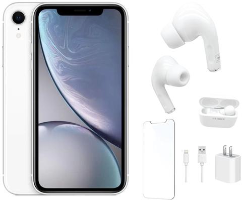 Apple iPhone XR Bundle with Bluetooth Headphones | Screen Protector | Wall Charger - 128GB - White - Good