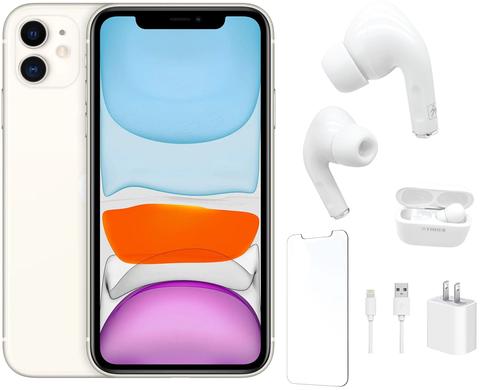 Apple iPhone 11 Bundle with Bluetooth Headphones | Screen Protector | Wall Charger - 64GB - White - Good