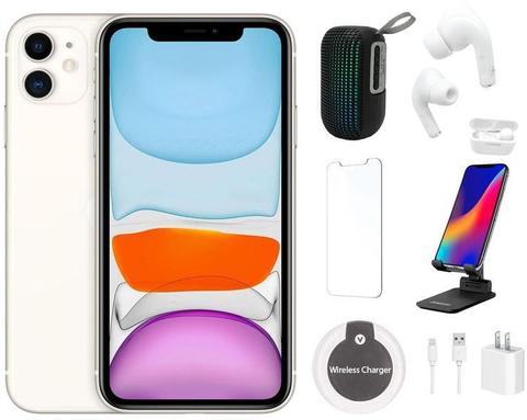 Apple iPhone 11 Bundle with LED Wireless Speaker | Bluetooth Headphones | Screen Protector | Phone Stand | Wireless Charger - 64GB - White - Good