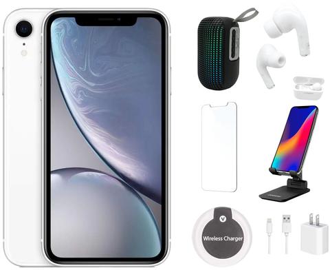 Apple iPhone XR Bundle with LED Wireless Speaker | Bluetooth Headphones | Screen Protector | Phone Stand | Wireless Charger - 64GB - White - Good