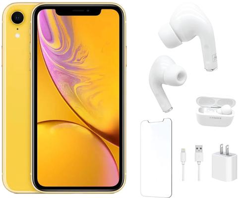 Apple iPhone XR Bundle with Bluetooth Headphones | Screen Protector | Wall Charger - 64GB - Yellow - Good