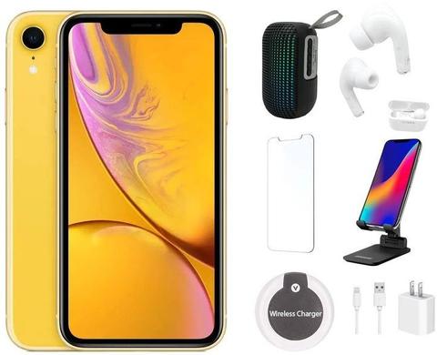 Apple iPhone XR Bundle with LED Wireless Speaker | Bluetooth Headphones | Screen Protector | Phone Stand | Wireless Charger - 64GB - Yellow - Good
