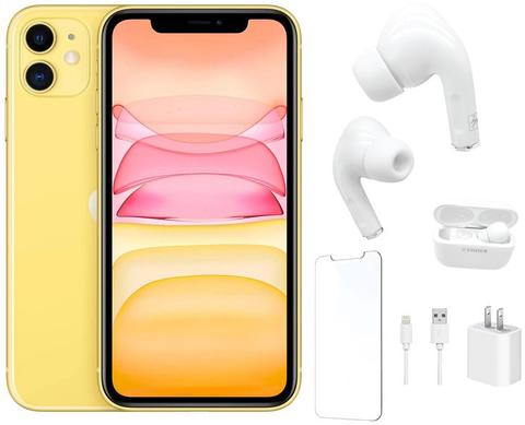 Apple iPhone 11 Bundle with Bluetooth Headphones | Screen Protector | Wall Charger - 64GB - Yellow - Good