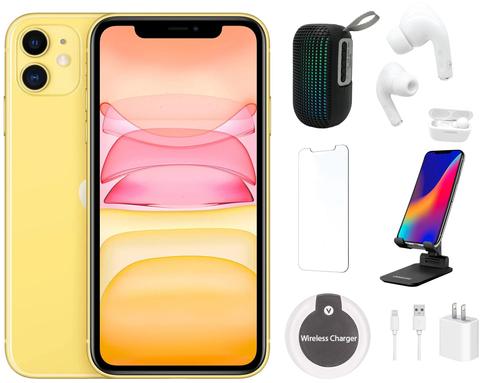 Apple iPhone 11 Bundle with LED Wireless Speaker | Bluetooth Headphones | Screen Protector | Phone Stand | Wireless Charger - 64GB - Yellow - Good