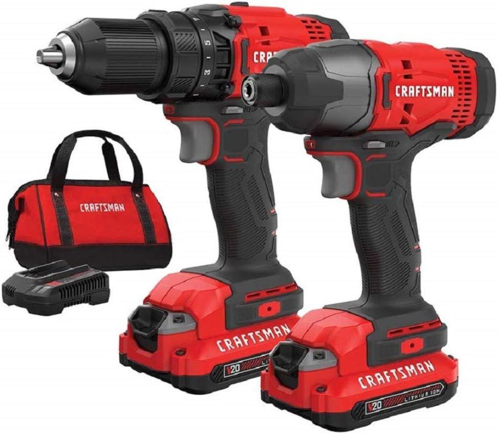 CRAFTSMAN CMCK200C2-R V20 Cordless Brushed 2 Tool Drill/Driver and Impact Driver Kit - Red - Excellent