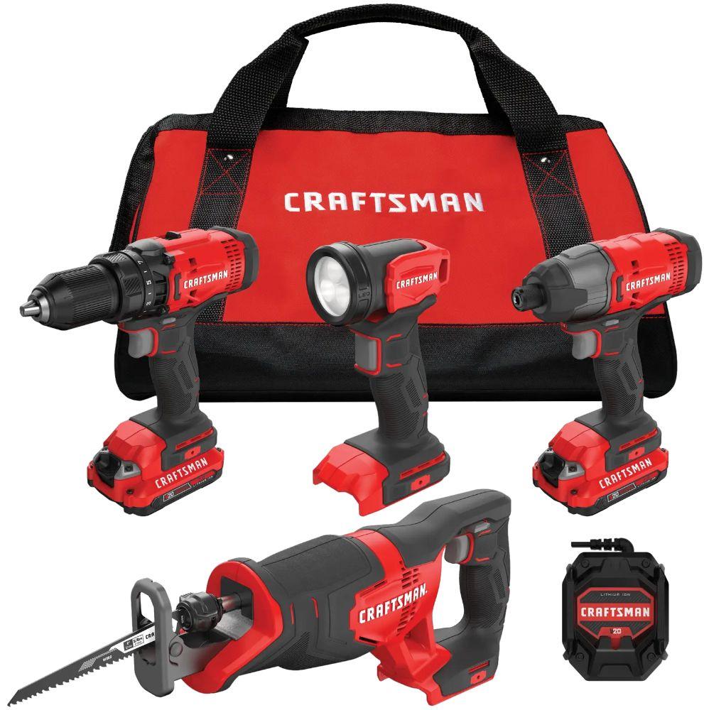 CRAFTSMAN CMCK400D2-R V20* Cordless 4-Tool Combo Kit (2 Batteries) - Red - Excellent