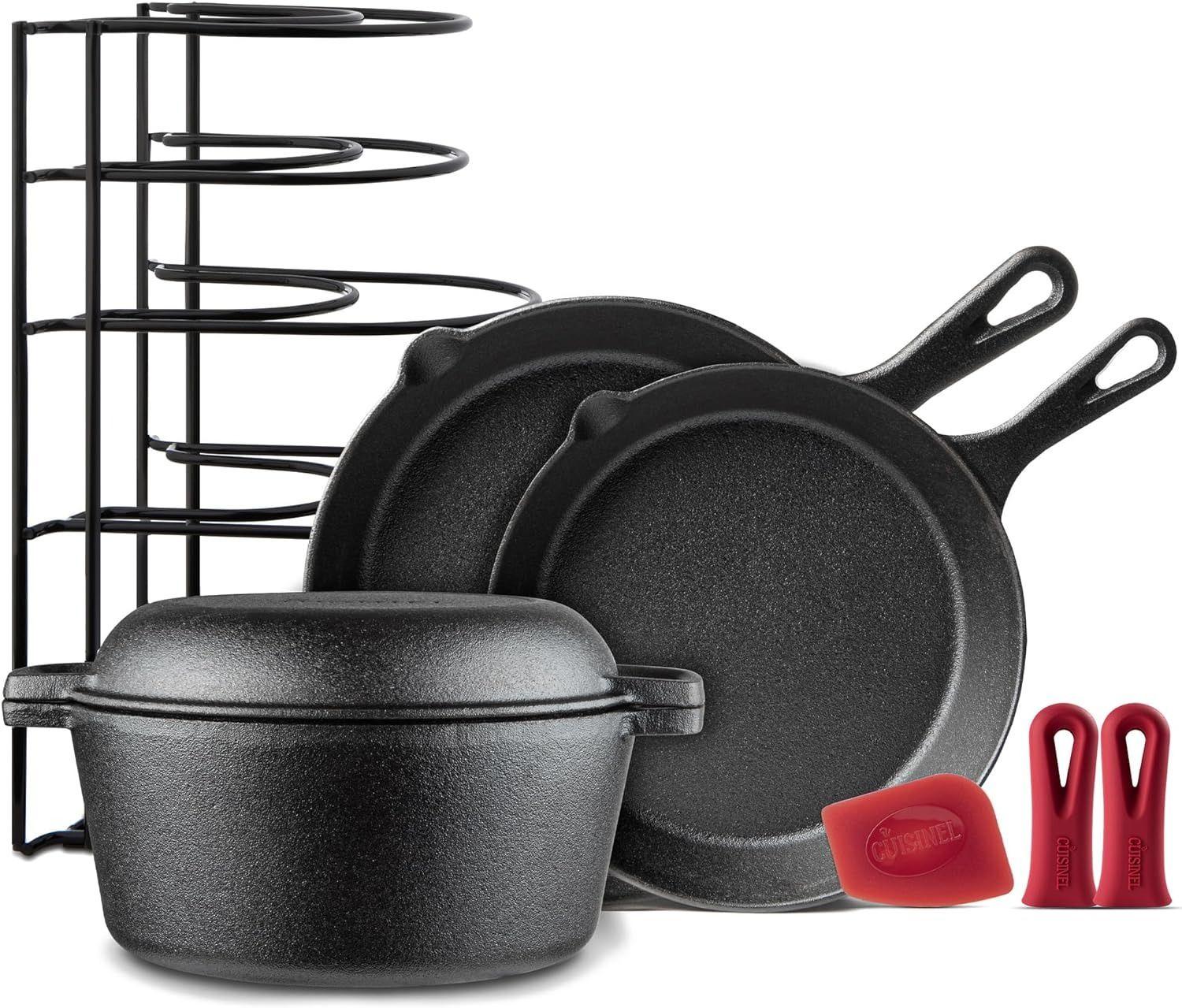 Cuisinel  Cast Iron Cookware 8 Pieces Set with 10" + 12" Skillet + 5-Quart Double Dutch Oven CB-502 - Black - Excellent
