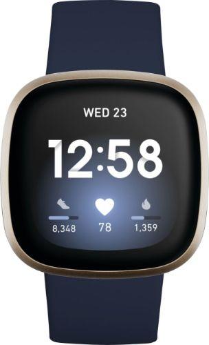Fitbit Versa 3 Health and Fitness Smartwatch - Soft Gold-Aluminum-Classic Wristband-Midnight - 40mm - Black - Aluminum - Midnight - Classic Wristband - Small Size - Elastomer - Good