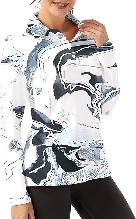 FKEEP Women Long Sleeve Polo Shirt Golf Sport Athletic Top - Ink Wash - M - Excellent