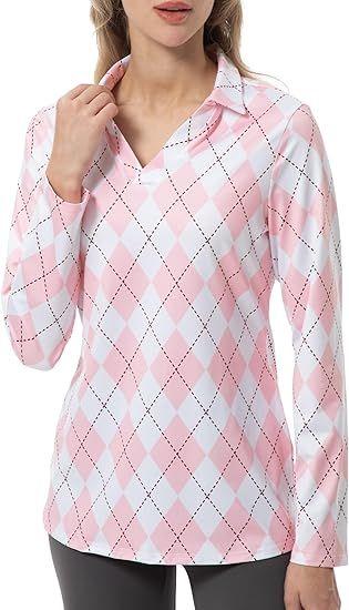 FKEEP  Women's Tennis Golf Shirt Long-Sleeved V-Neck Top Sport Activewear - Pink Checkerboard - L - Excellent