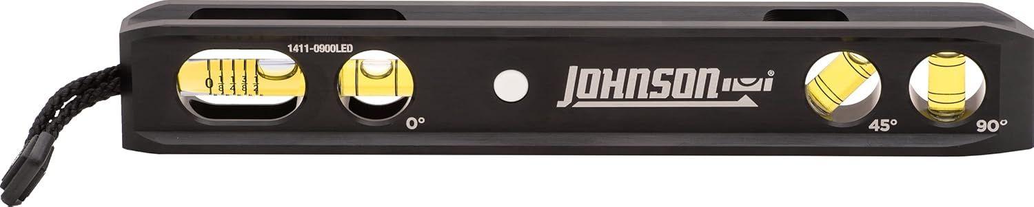 Johnson  Level & Tool 1411-0900LED 9" Magnetic LED Billet Torpedo Level - Black - Premium