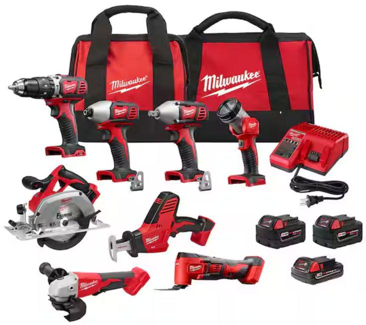 Milwaukee  2696-28 M18 18V Lithium-Ion Cordless Combo Kit (8-Tool) w/ (3) Batteries + Charger + (2) Tool Bags - Red/Black - Brand New