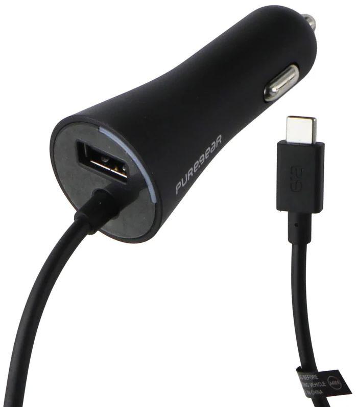 PureGear 24W Car Charger with 7-Ft USB-C Connector + Extra USB Port