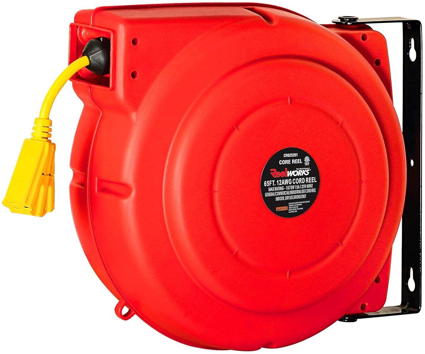 ReelWorks  Grounded Outlets Mountable Retractable Extension Cord Reel CR625201S3A  - Red/Black - Excellent