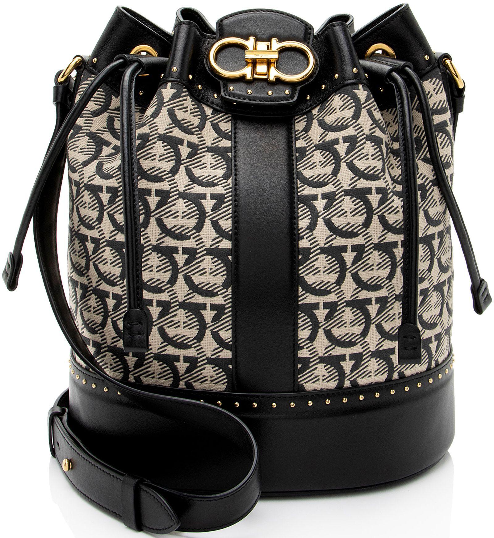 Salvatore Ferragamo Gancini Canvas Studded Mufasa Bucket Bag - Beige/Black - Canvas - Excellent