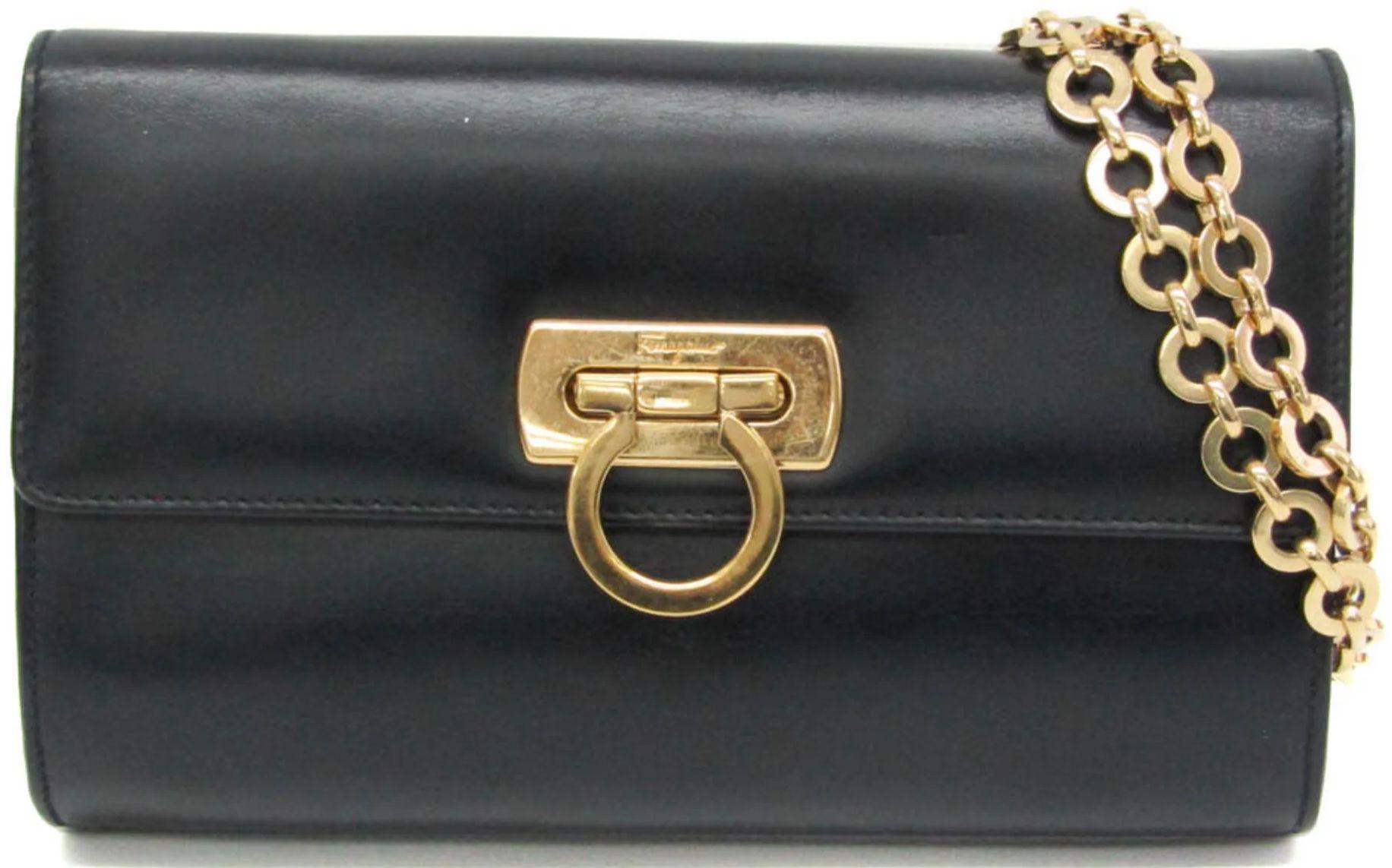 Salvatore Ferragamo Gancini Leather Shoulder Bag Handbag - Navy Black - Leather - Excellent