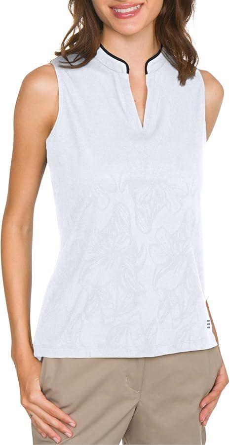 Three Sixty Six  Women's Collarless Floral Golf Polo Shirt - White - M - Excellent