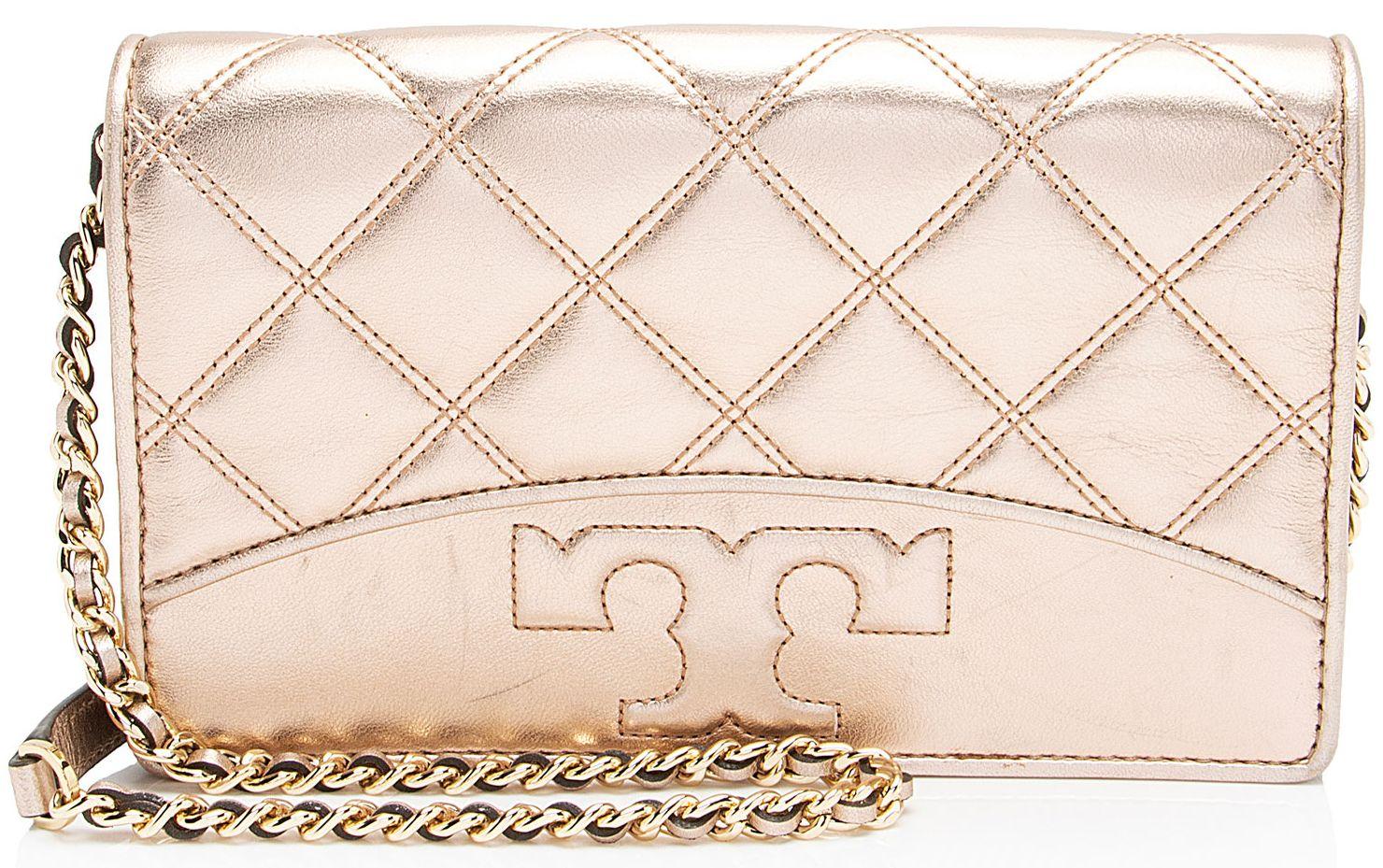 Tory Burch Metallic Quilted Leather Savannah Chain Wallet - Pink - Metallic Leather - Excellent