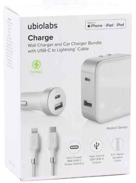 Ubio Labs Charge Wall Charger and Car Charger Bundle with USB-C to Lightning Cable - White - Excellent