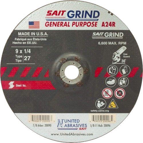 United Abrasives SAIT 20090 A24R General Purpose/Long Life Grinding Wheel (Type 27/Depressed Center) 9" x 1/4" x 7/8" (25-Pack)