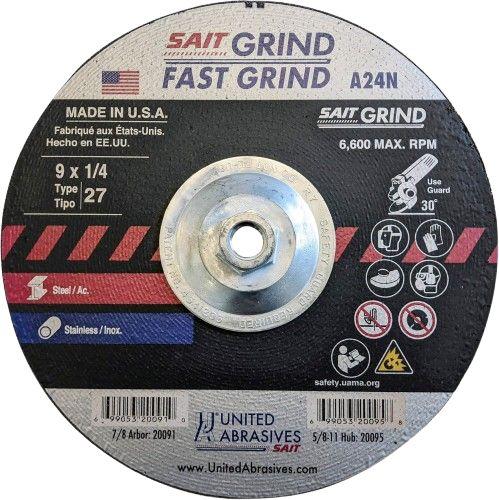 United Abrasives SAIT 20095 A24N Fast Grinding Wheel 9" x 1/4" x 5/8-11" Type 27 (10-Pack)