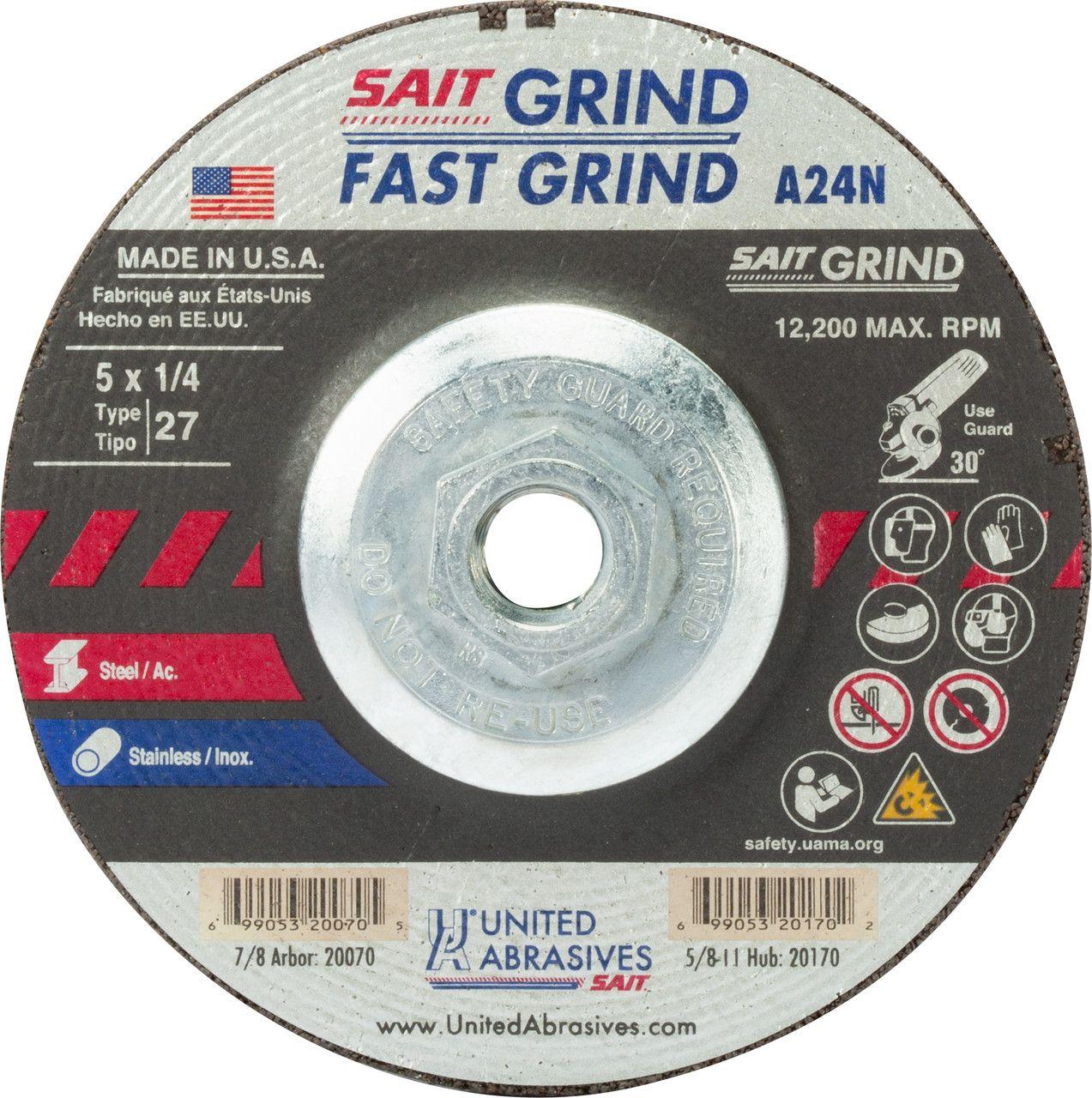 United Abrasives  SAIT 20170 A24N Fast Grinding Wheel 5" x 1/4" x 5/8-11" Type 27 with Super-Lock™ Hub (10-Pack) - Grey - Premium