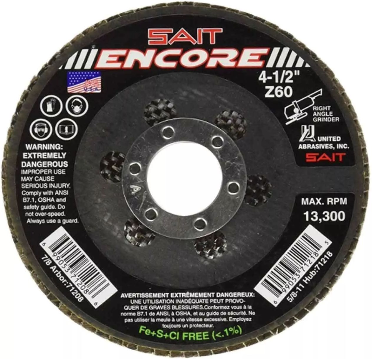 United Abrasives SAIT 71208 4-1/2x7/8 Encore Type 27 General Purpose No Hub Zirconium Flap Discs 60 Grit (10-Pack)