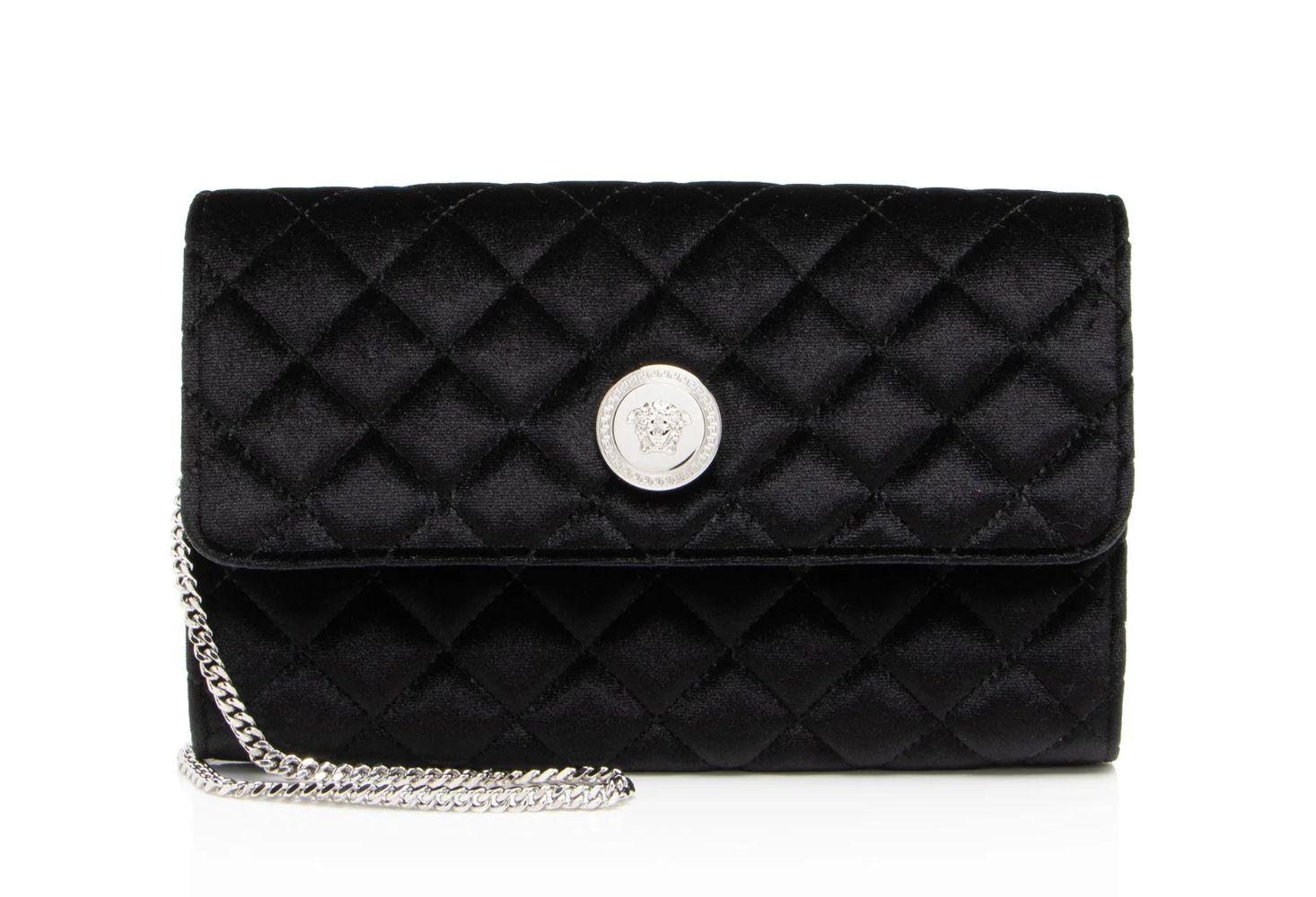 Versace Velvet Quilted Medusa Wallet On Chain - Black - Velvet - Excellent