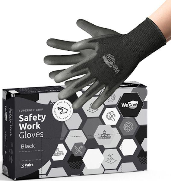 WeCare  Safety Work Gloves PU Coated with Superior Grip (XL) (3-Pairs) - Black - Brand New