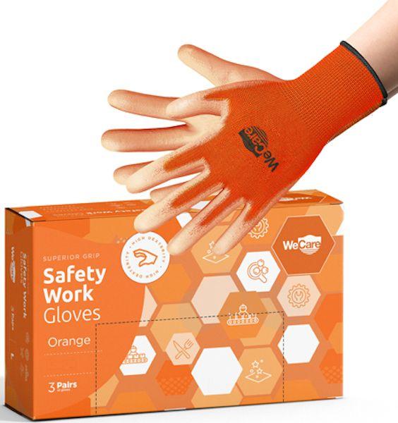 WeCare  Safety Work Gloves PU Coated with Superior Grip (Small) (3-Pairs) - Orange - Brand New